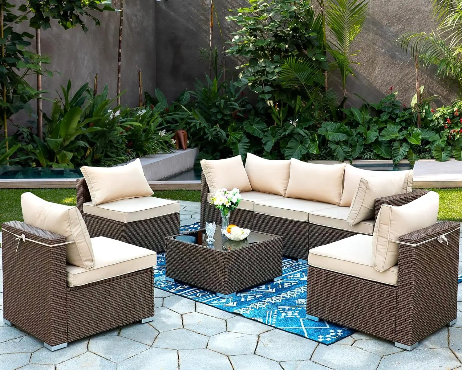 

Patio Furniture 7 Pieces Outdoor Patio Sectional Sofa Couch All-Weather Wicker Sofa with Glass Coffee Table Cushions for Garden