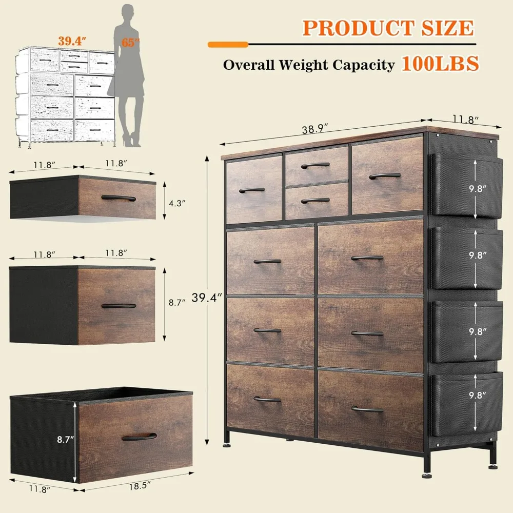 Dresser for Bedroom with 10 Drawers, Chest of Drawers with Side Pockets and Hooks, Fabric Storage Organizer Unit for Living Room