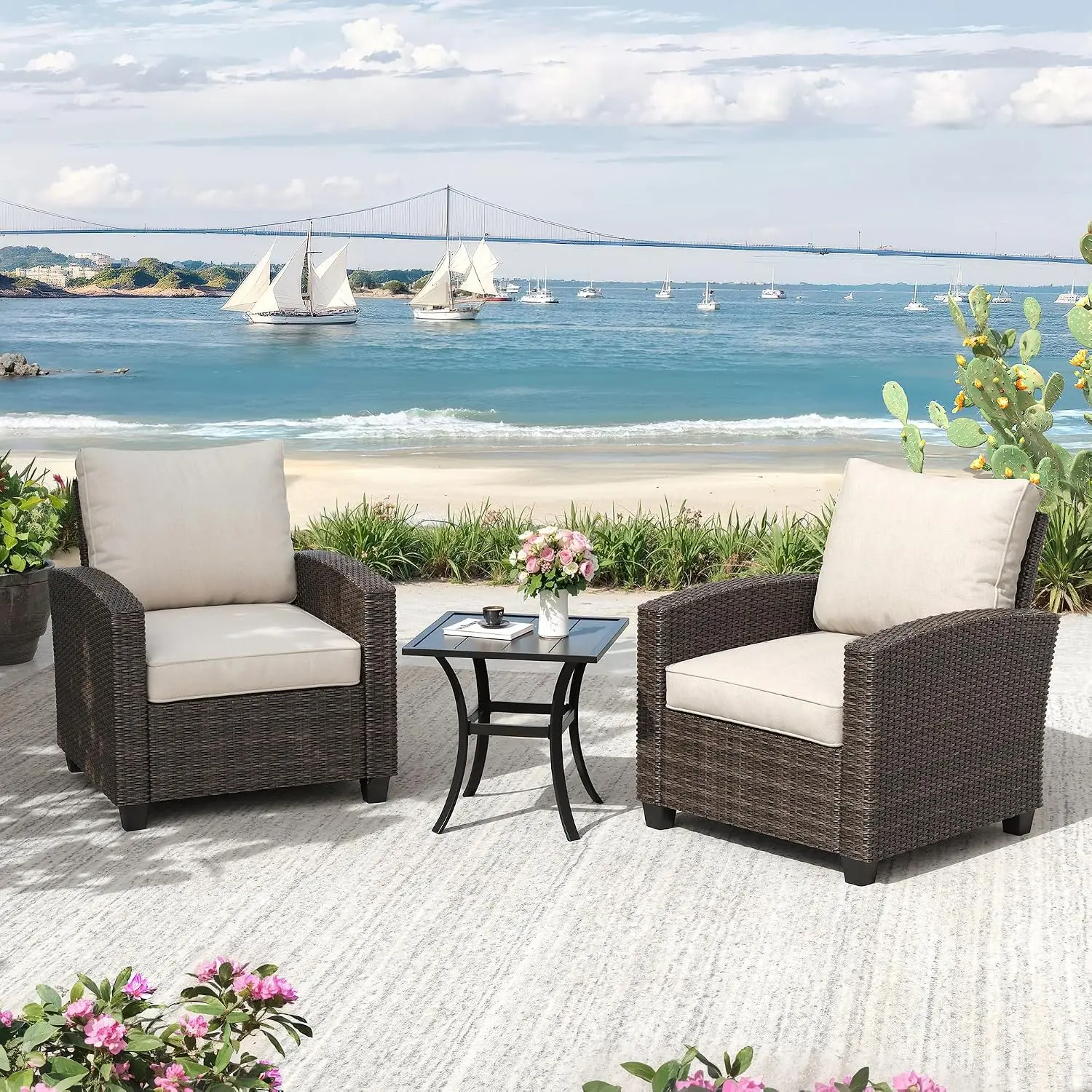 3-Piece Wicker Patio Furniture Set PE Rattan Conversation Set With 2 Chairs & Metal Side Table For Deck Porch Pool, Customized
