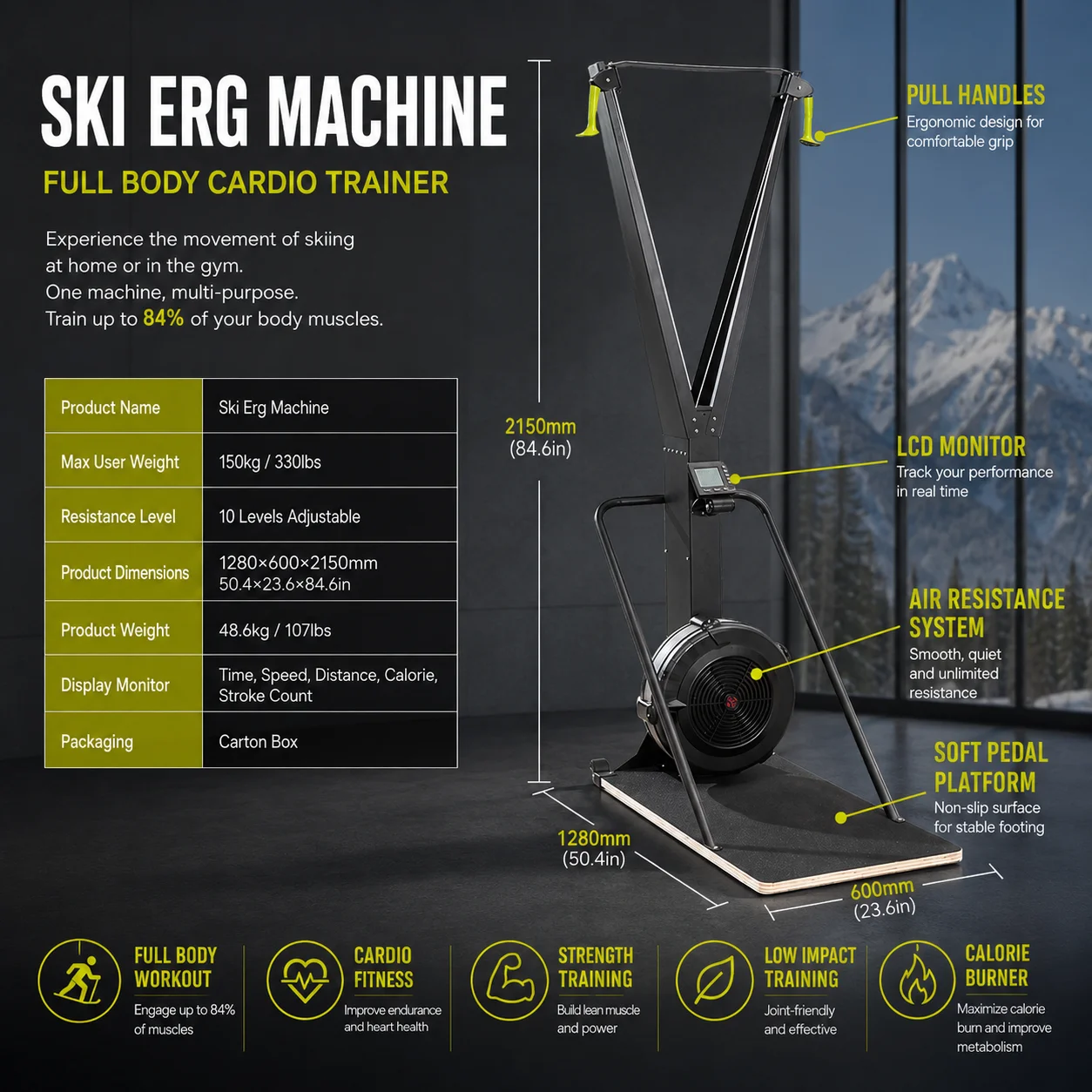 Professional Air Resistance Ski Ergometer Machine Training Commercial Gym Fitness Equipment 10 Level Adjustable Resistance