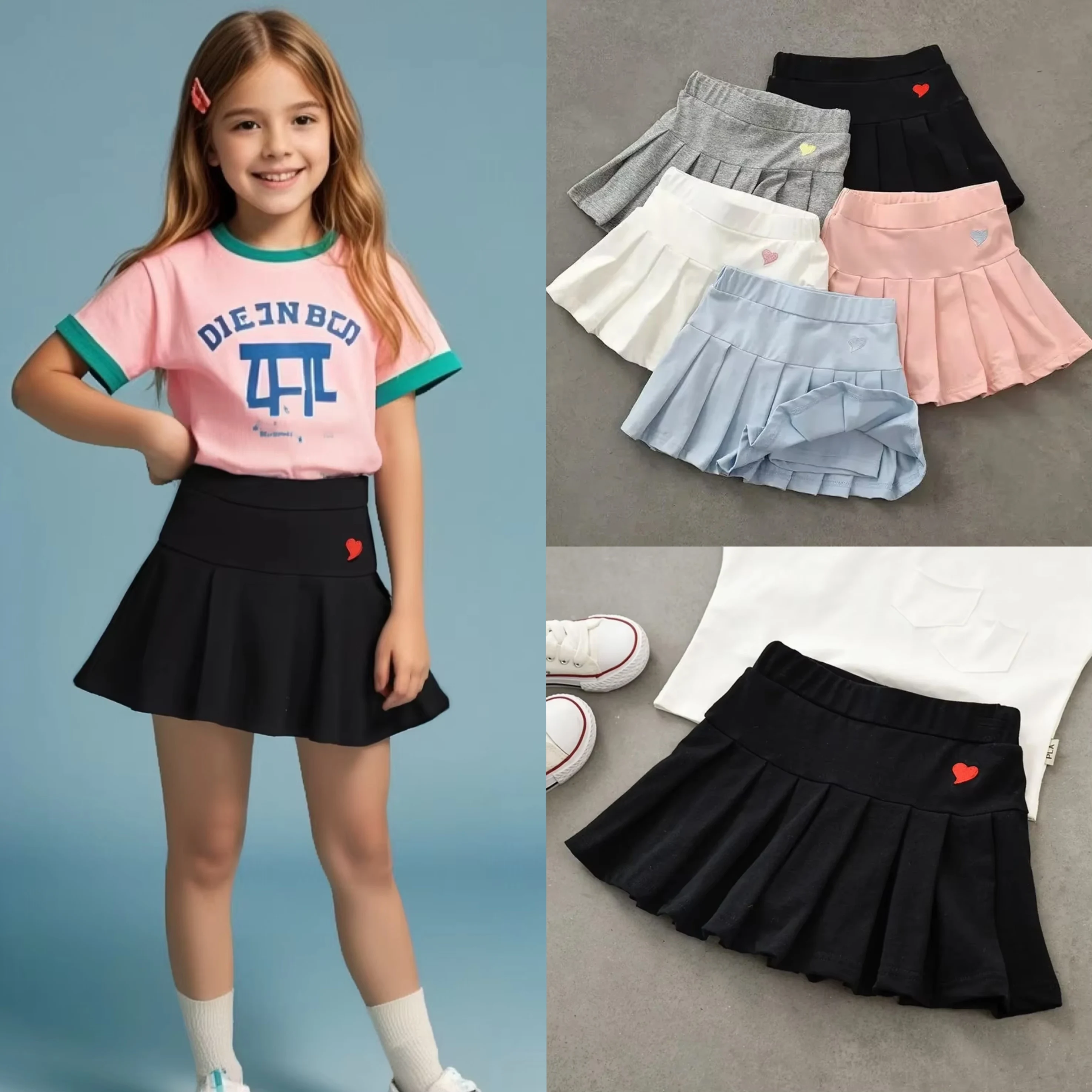 Falda pantalón JK para niñas, minifalda de verano con diseño de corazón bordado en colores vibrantes, falda plisada sencilla con pantalones de seguridad integrados.