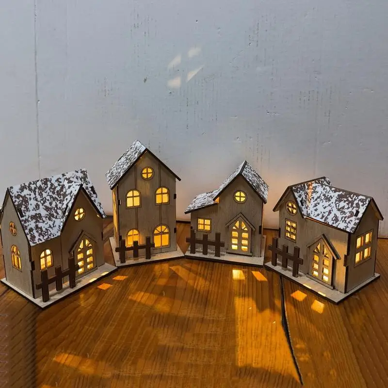 【D】Wooden Lighted Christmas Houses With Warm LED Glow And Snow Frosted Roofs Perfect For Holiday Home Table Decor