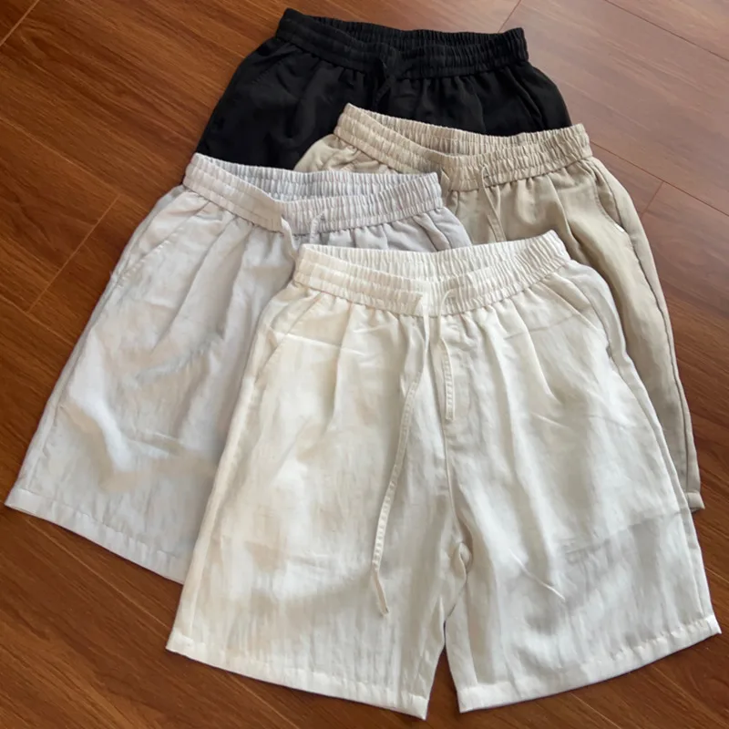Men's Lyocell Linen Five-Pocket Shorts Male Sportwear Thin Cool Feel Wrinkle Resistant Breathable Summer Beach Drawstring Shorts