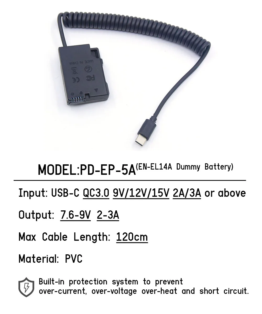 USB C PD EN-EL14A Dummy Battery EP-5A Mobile Power Adapter Cable For Nikon D3100 D3200 D3300 D3400 D3500 D5100 D5200 D5300 D5500