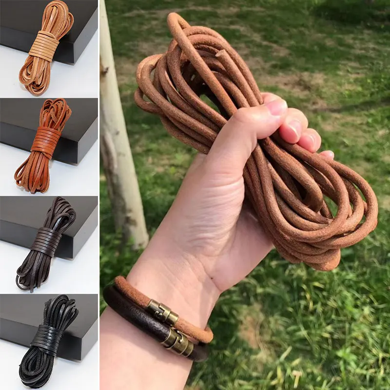 5M Retro Round/Flat Leather Cord 3 Colors 3mm Natural Genuine Cow Leather Cords for DIY Handmade Braided Necklace Bracelet