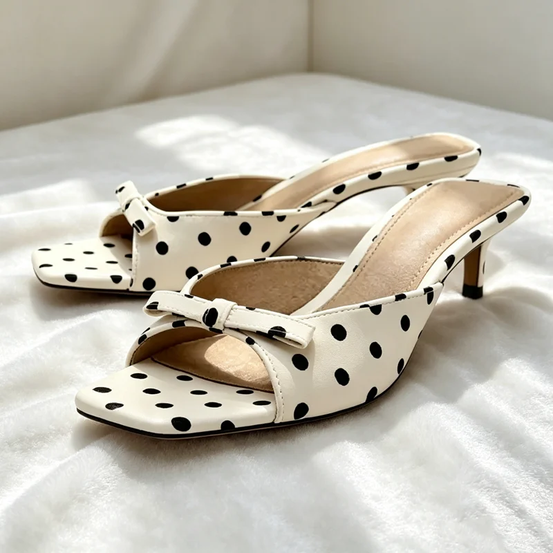 

Elegant Polka Dot Bow Detail Kitten-Heel Sandals for Women Fashion Square-toe Open Toe Mules Heels Summer Luxury Designer Shoes
