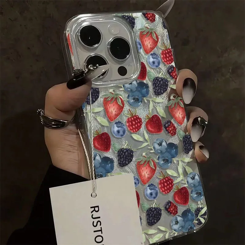 

Deluxe Strawberry Blueberry Phone Case for Xiaomi Redmi Note 14 13 12s 11 11s 10 9 8 7 Pro Plus 4G 5G Feather Texture Back Cover