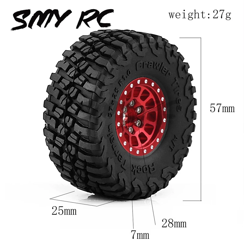 금속 1.0 비드락 휠 림 고무 타이어 세트, 1/18 1/24 RC 크롤러 Axial SCX24 TRX4M FCX24 업그레이드 부품, 4 개