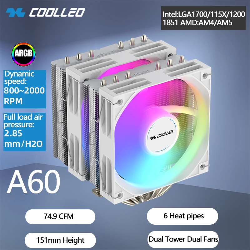 

COOLLEO A60 ARGB CPU Cooler 6 Heat Pipes High Efficiency Processor Radiator Twin Towers and Dual Fans For LGA1700 1851 AMD AM5