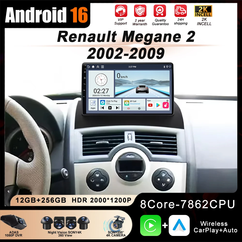Android 16 Raido Stereo For Renault Megane 2 2002-2009 Auto Multimedia Video Player Navigation GPS Carplay NO 2Din DVD 2K QLED