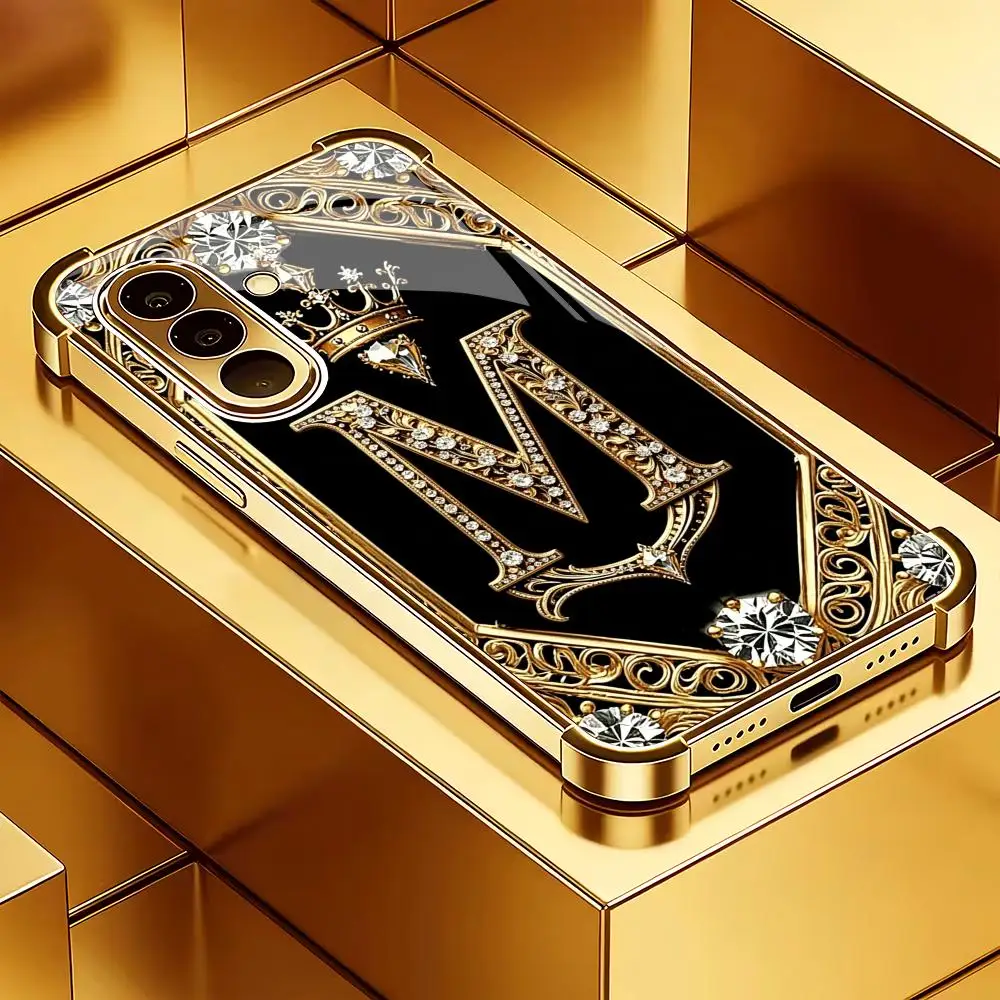Crown letter M electroplated glass phone case suitable for Samsung Galaxy S26 S25 S24 S22 S21 S20 FE/Ultra/Plus anti drop
