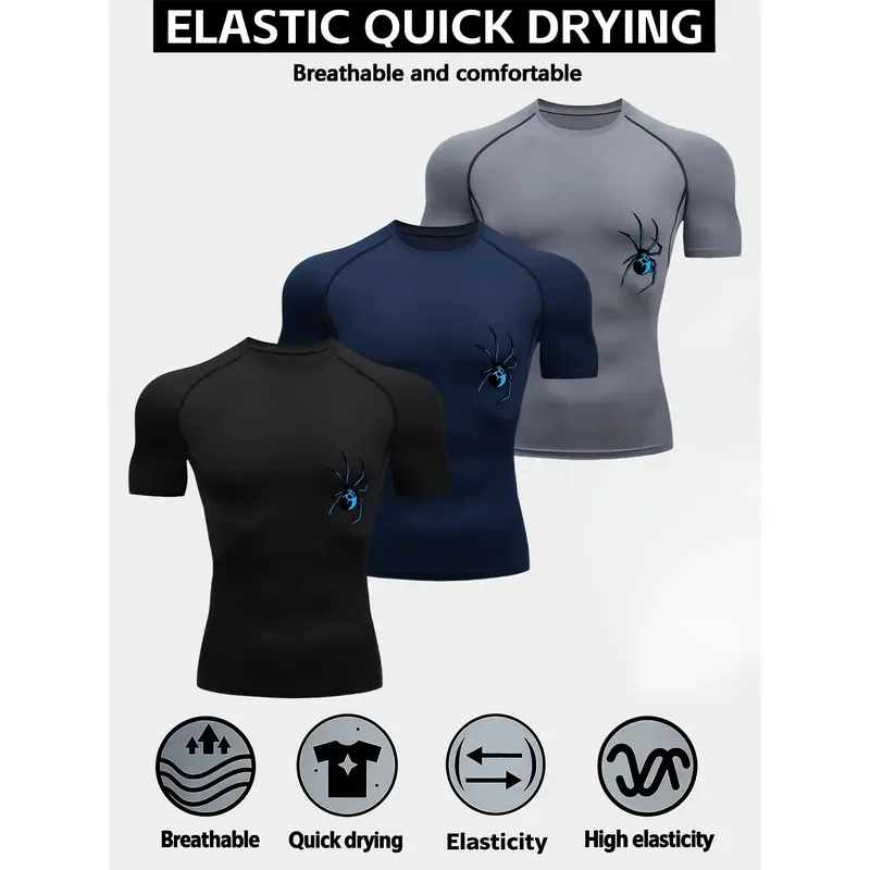 Men's high elastic quick drying breathable compression fitness shirt crew neck short sleeve four seasons sports training top