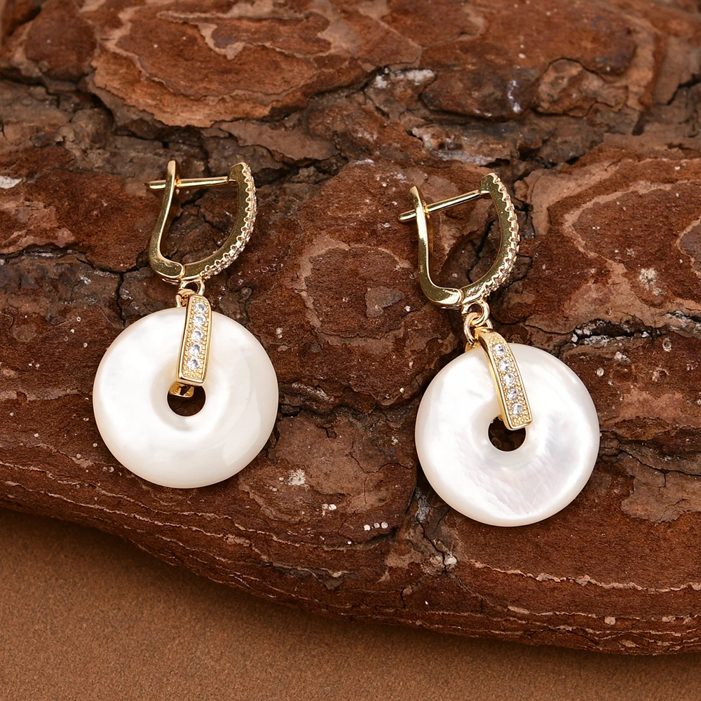 G-G Natural White Sea Shell Pearl Ping buckle Zircon Crystal Paved Gold Plated Stud Dangle Earrings Handmade Women Jewelry Gifts