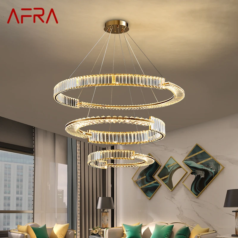 

AFRA Hanging Chandelier Crystal Modern LED Luxury Rings Pendant Light Home Decor For Living Dining Room Villa Duplex