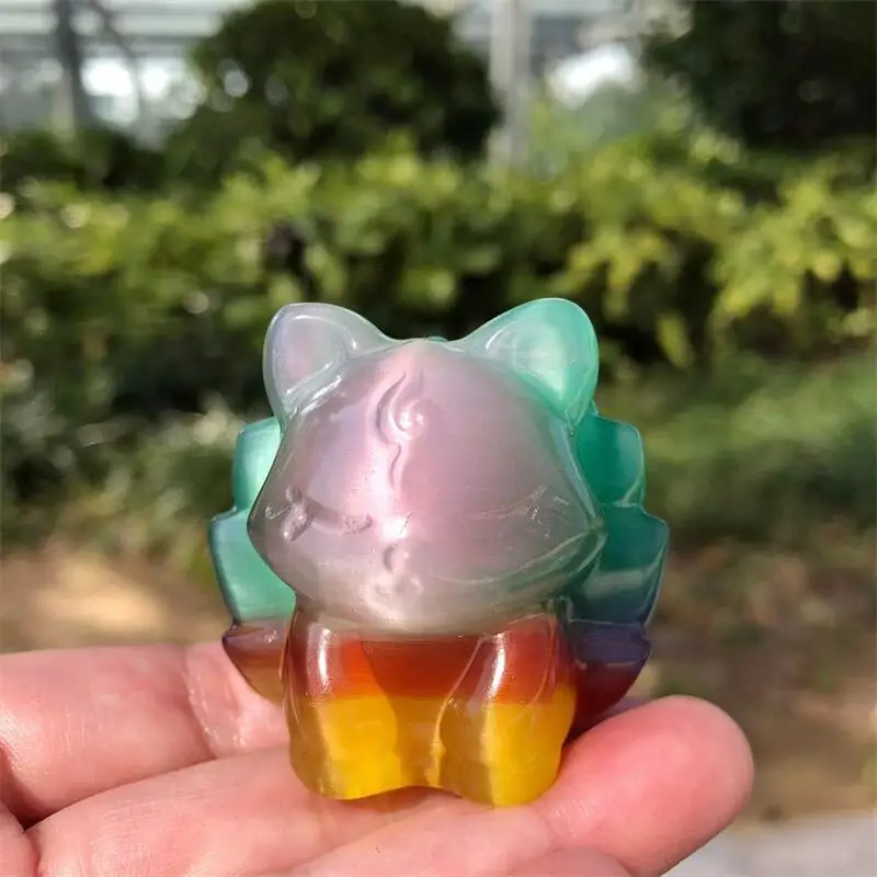 4.5CM Natural Cat Eye Stone Nine-tailed Fox Carving Flashing Crystals Beautiful Gemstone for Home Decoration Collection 1PCS