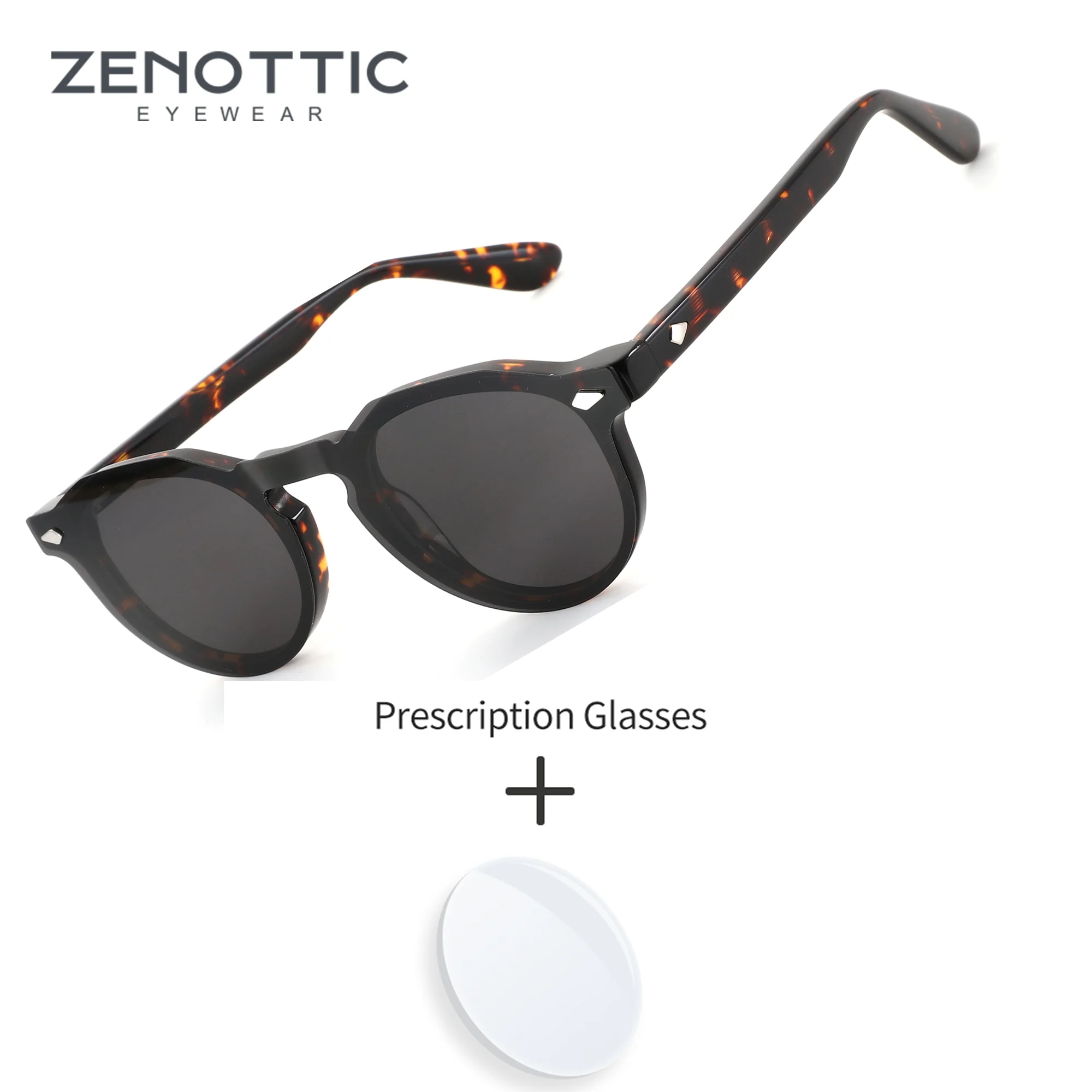

ZENOTTIC S Size Men Retro Geometric Round Acetate Prescription Sunglasses with Signature Metal Stud Accents Anti-UV Lenses