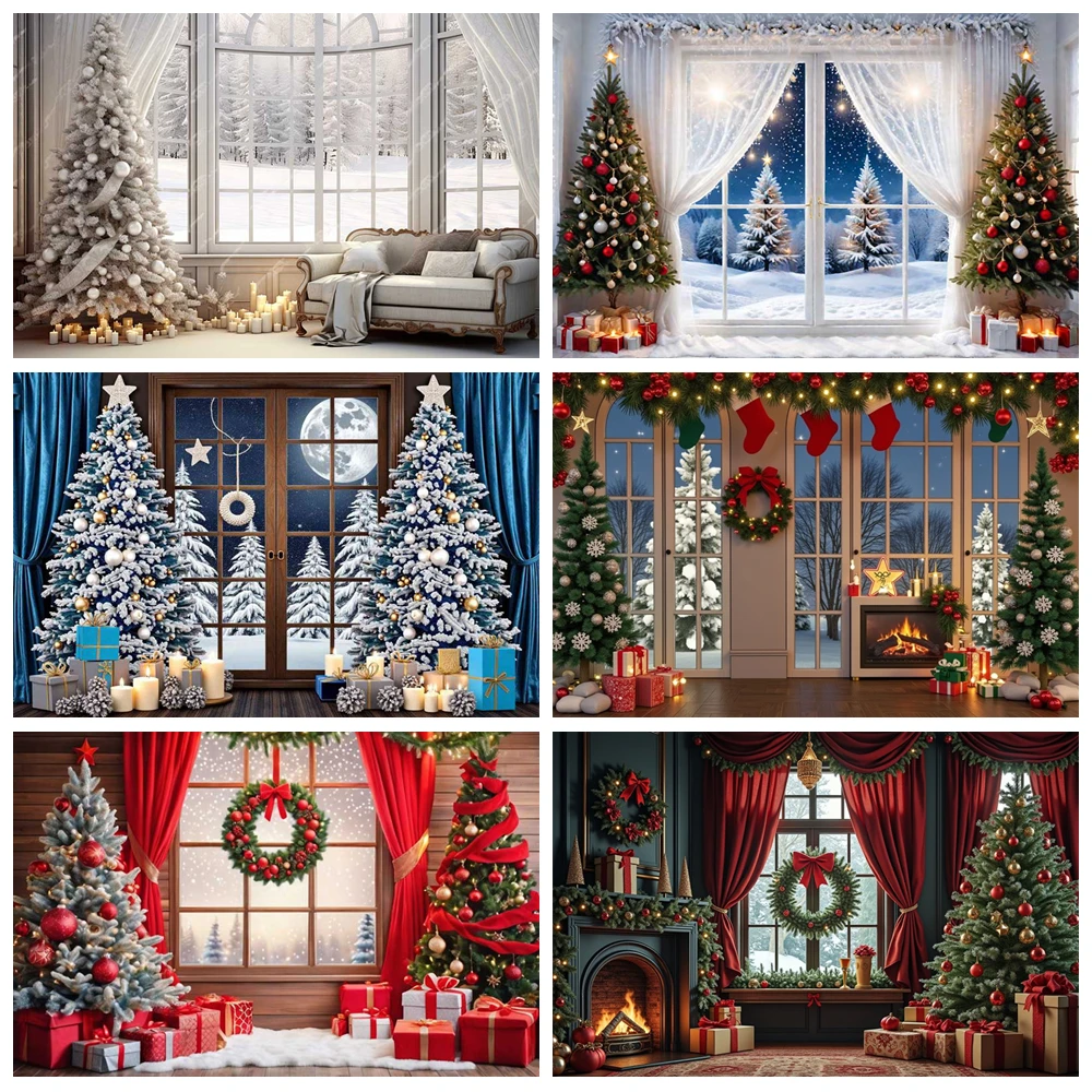 

MOON.QG Christmas Day Photo Backgrounds Gifts Wreath Window Curtains Backdrops For Photography Family Portrait Photocall Studio