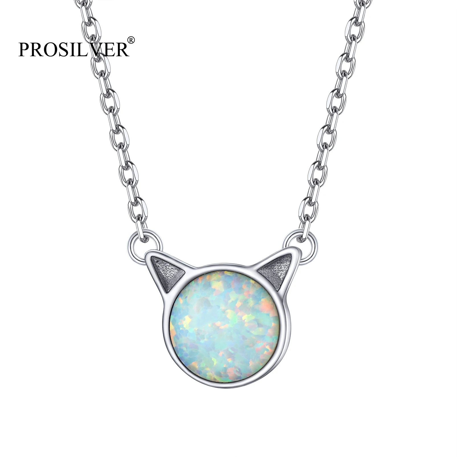 

PROSILVER Dainty Necklace For Women Girl Birthday Gift 925 Sterling Silver Cute Cat Ear Opal Pendant 16 inch Rolo Chain PYP15192