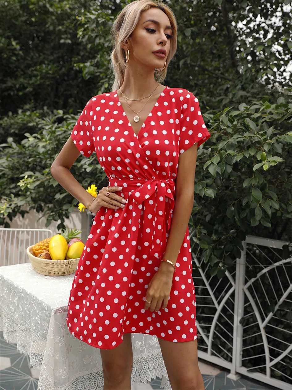 2022 New Polka Dot Print Short Dress Women V Neck Summer Sexy Bandage Dresses Ladies Beach Style