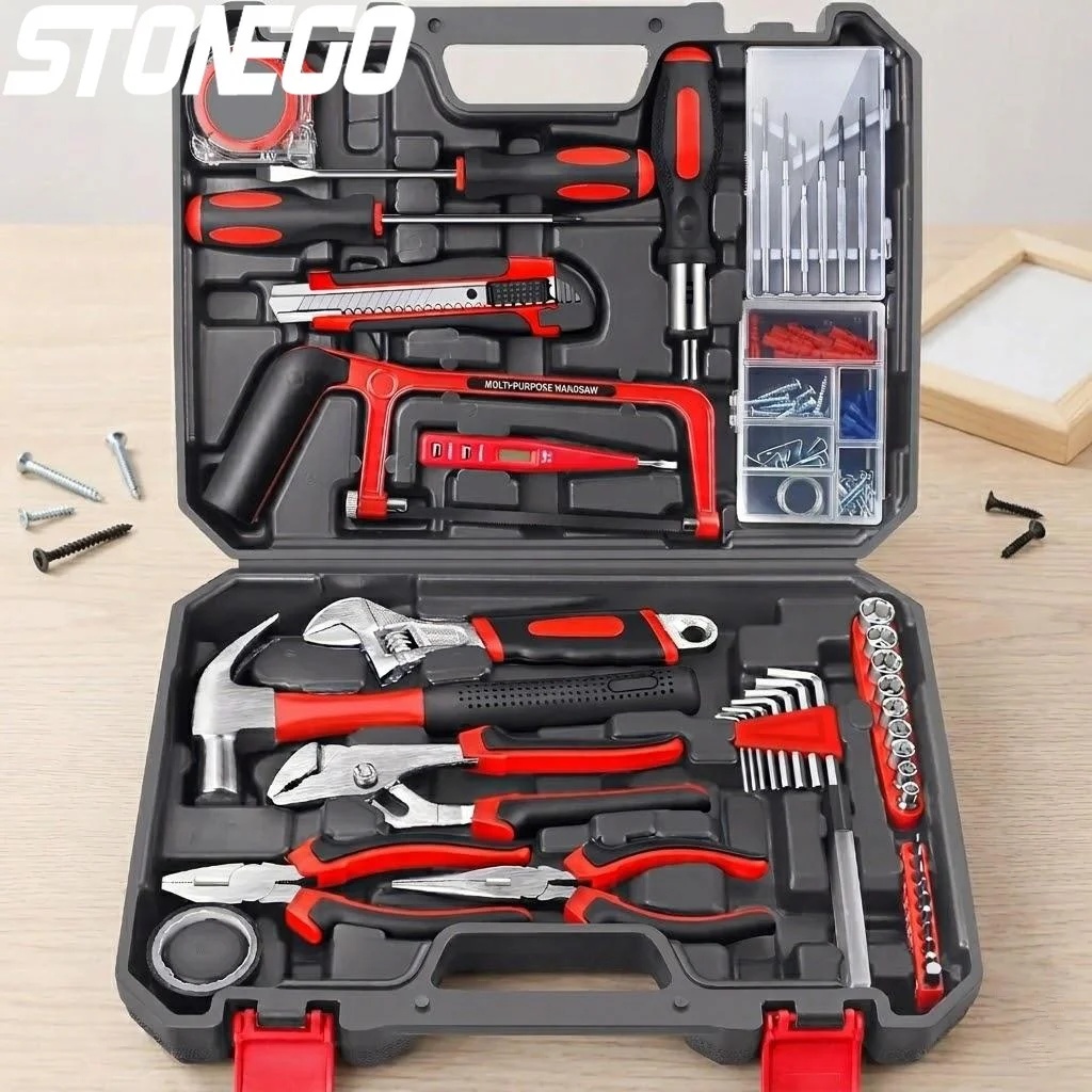 

Набор ручных инструментов из 19, 43, 108 предметов для дома и DIY: пила, отвертка, молоток, рулетка, гаечный ключ, плоскогубцы