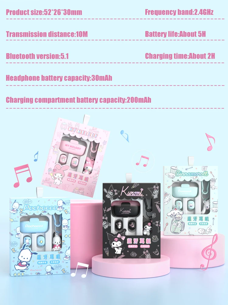 سماعات رأس جديدة من Sanrio Kuromi مزودة بتقنية البلوتوث سماعات رأس لاسلكية حقيقية يمكن التحكم بها باللمس مناسبة كهدية في الألعاب