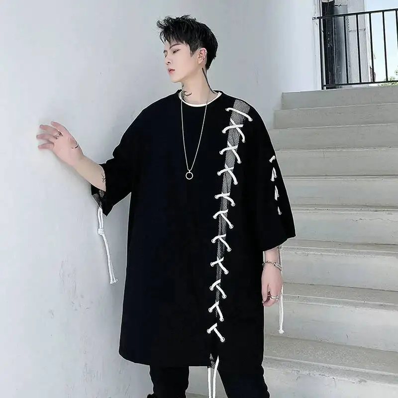 HKSH Summer New Men's Tide Dark Korean-style Personalized Drawstring Short-Sleeve T-shirt Loose High Street Fashion Tees HK22382