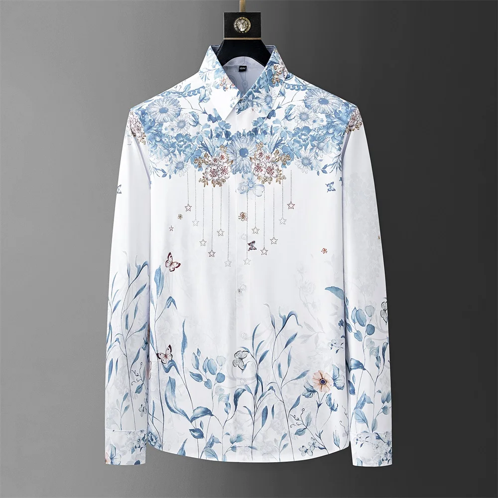 Luxury Flower Rhinestone Printed Shirts Men Long Sleeve Casual Business Dress Shirts Social Party Tuxedo Blouse Camisa Masculina