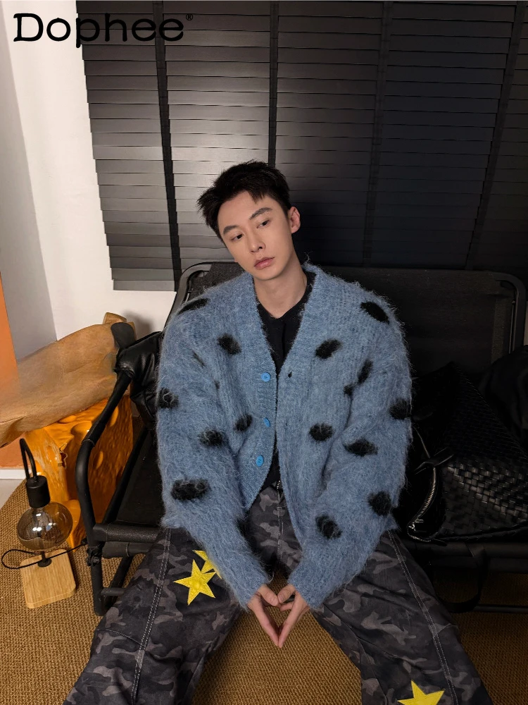 موضة سترة معاطف 2025 الخريف جديد زوجين الرجعية ليوبارد طباعة الدافئة سترة مشغولة من الصوف اللون مطابقة طويلة الأكمام شيك تريكو #1