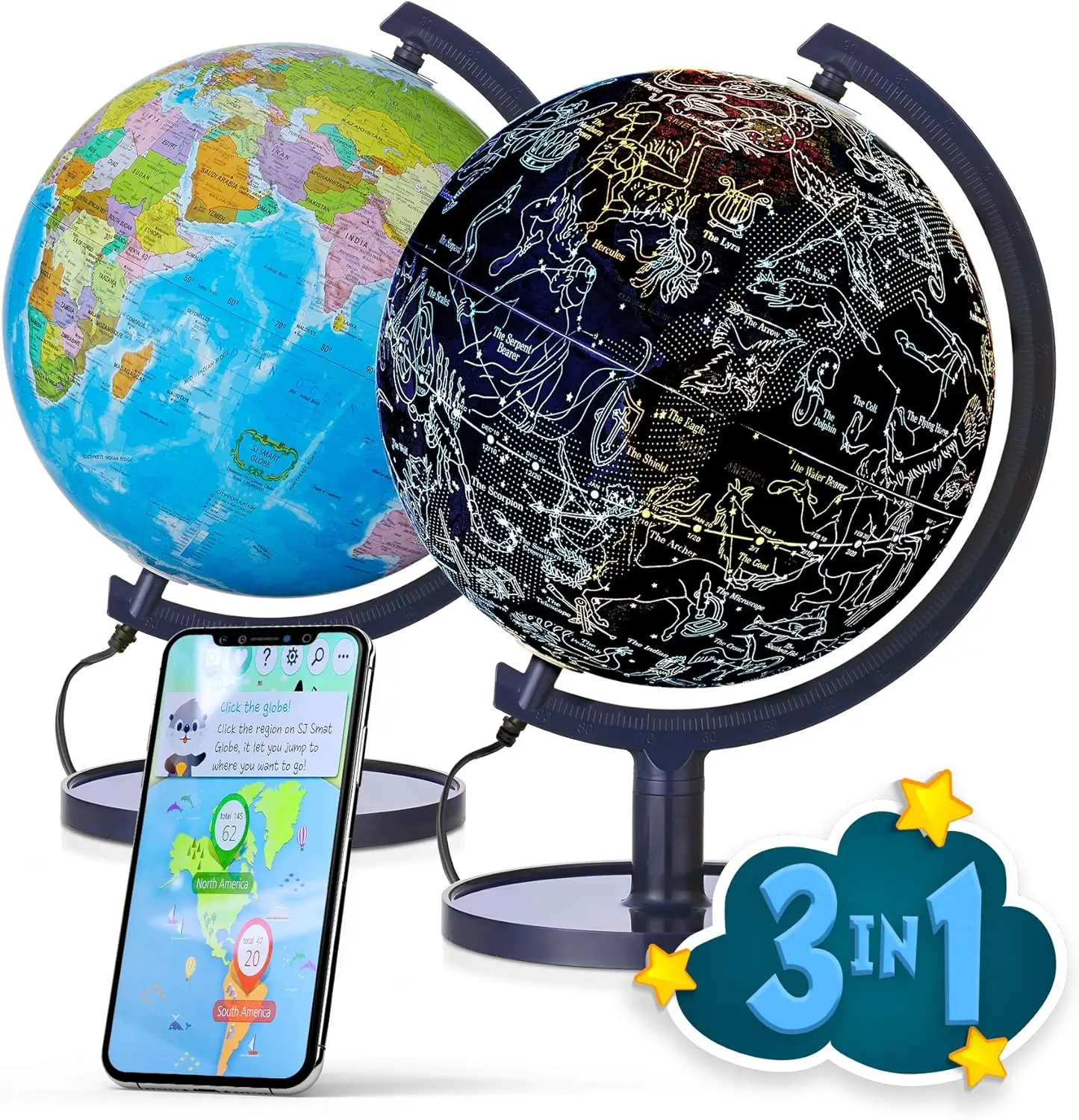 

Interactive 10" Globe with Stand, App-Compatible, 400 Wonders, 1000+ Facts, LED Constellations, STEM World Lamp & Earth Decor