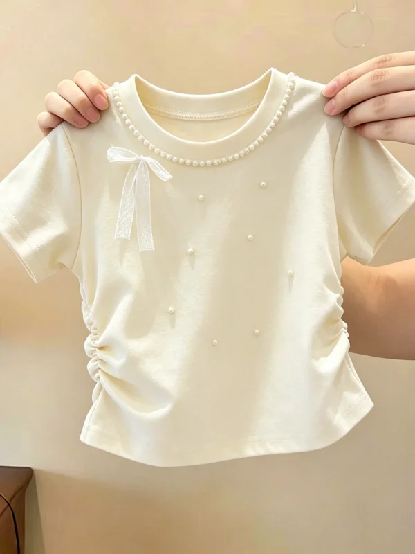 Girls Short Sleeve T-Shirt  Knot Embellished Cotton Summer Casual Wear for Middle And Large Children