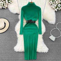 REALEFT Autumn Winter 2025 New Turtleneck Women's Knitted Dresses with Belted Long Sleeve Elegant Bodycon Wrap Dress Female - Image 5