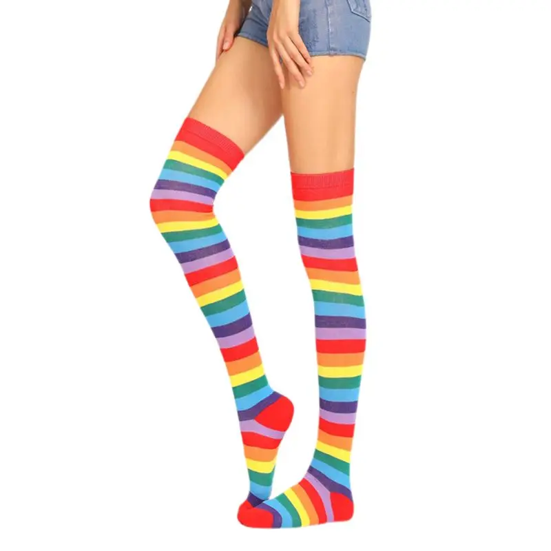 Chaussettes longues fantaisie à rayures colorées arc-en-ciel pour femmes filles, Halloween Cospla 066C