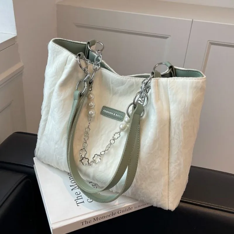 

High-end Matte Tote Bag for Women 2024 New Style Pearl Chain Hand-held Crossbody Large Capacity Shoulder Bag