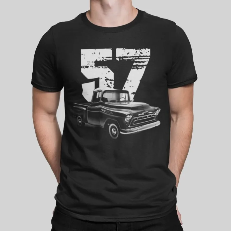 1957 Chevy 3100 Front Three Quarter View With White Year T Shirt 2024 Men T Shirt Casual  Car fans Logo Enthusiast T-shirt Graph