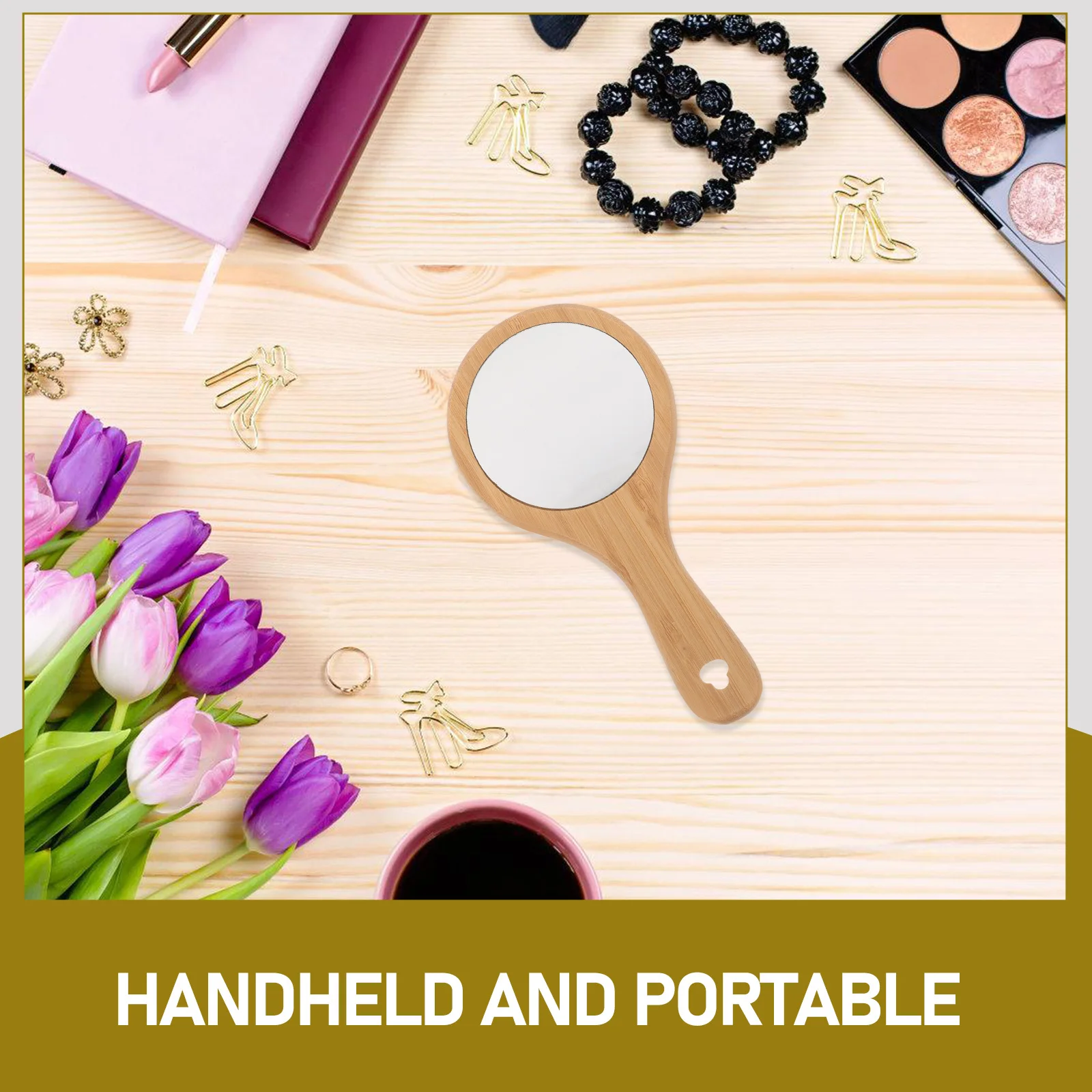 Runder hölzerner Hand-Make-up-Spiegel, tragbarer Vintage-Spiegel für Frauen, Zuhause, Reisen, Schönheit, Hand, kleiner Handheld