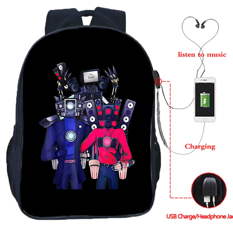 Skibidi Toilet Children USB Backpack Camera Man Speakerman Cartoon School Bag Kids Boys Girls Student Schoolbag Back Pack