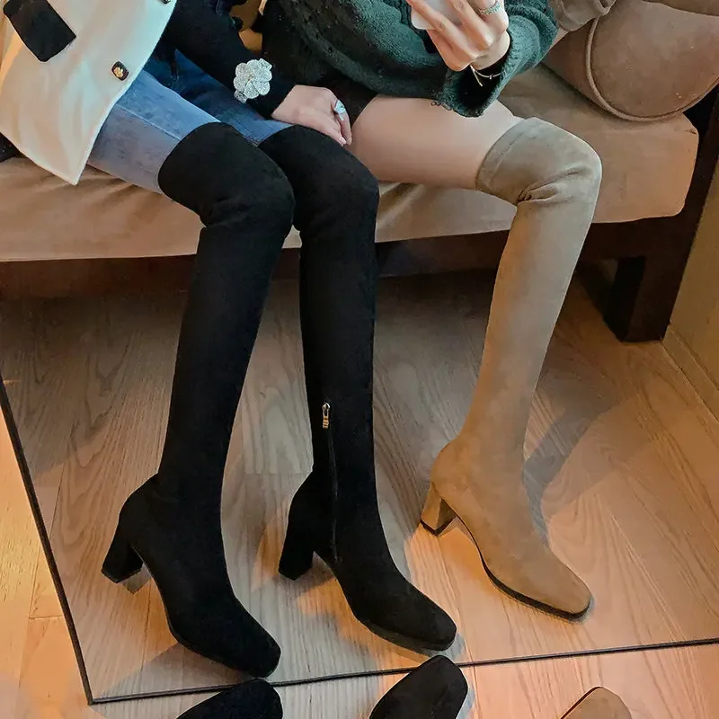 Suede Nubuck Leather Nude Color Sexy Women Overknees Elegant Winter Dress Shoes Block High Heels Over-the-knee Stretch Boots