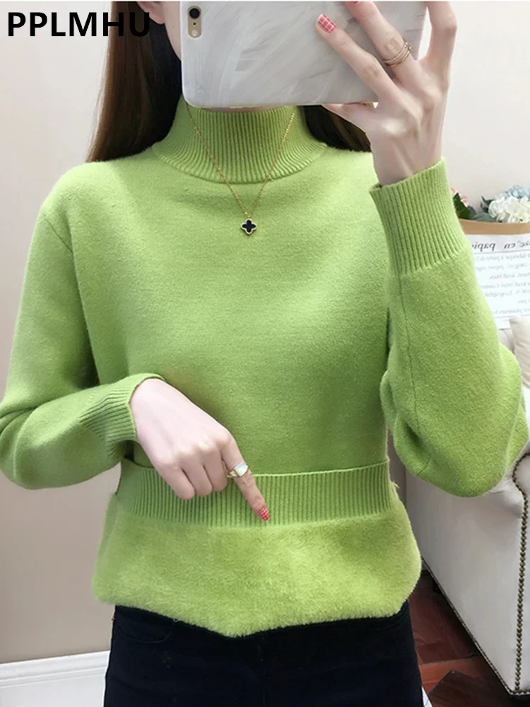 Half Turtleneck Sweater Women\'s Winter Warm Knit Pullover Casual Slim Poleras Thick Plush Lined Knitwear Jumper Long Sleeve Tops