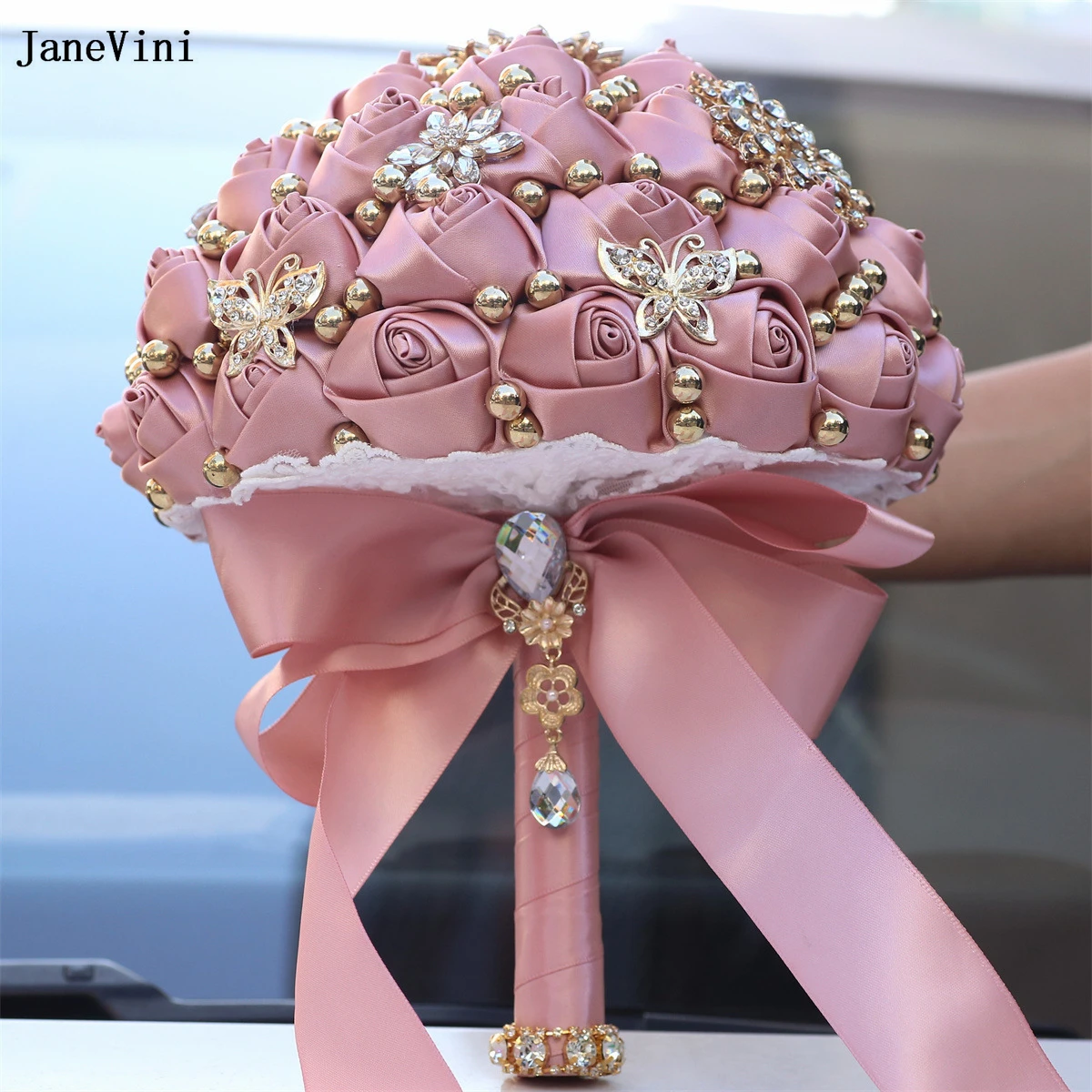 JaneVini 2024 Luxury Dusty Pink Flowers Bridal Bouquets with Gold Crystal Artificial Satin Roses Jewelry Wedding Brooch Bouquet