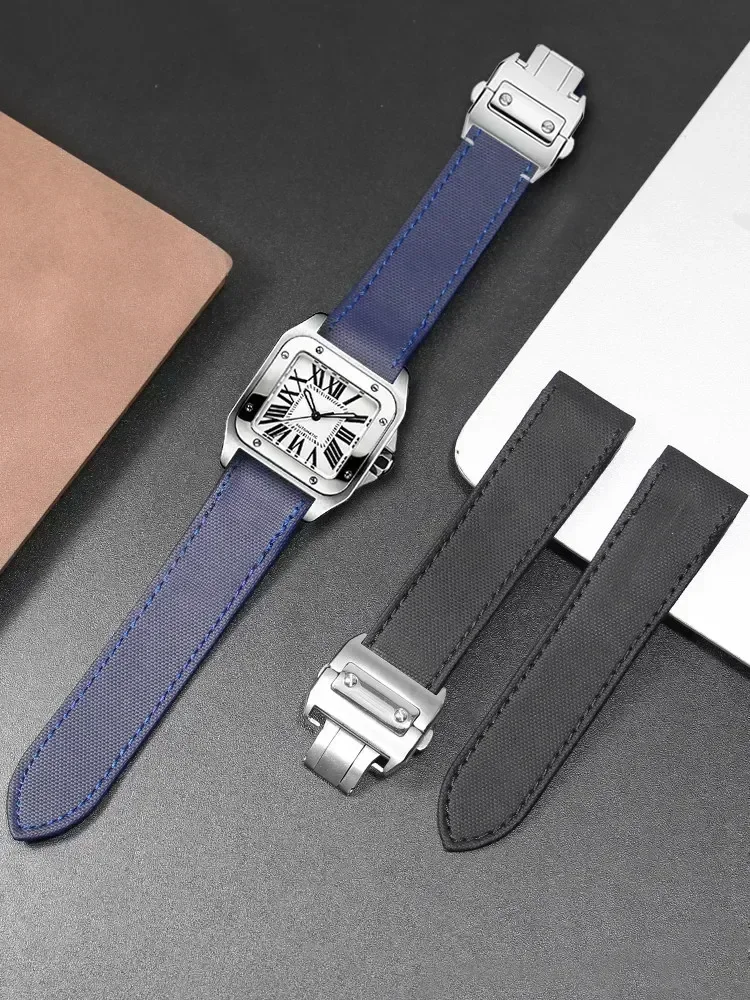 Nylon Pattern Leather Watch Strap for Men, Suitable for Cartier Santos Santos100 Original Style Strap 23mm