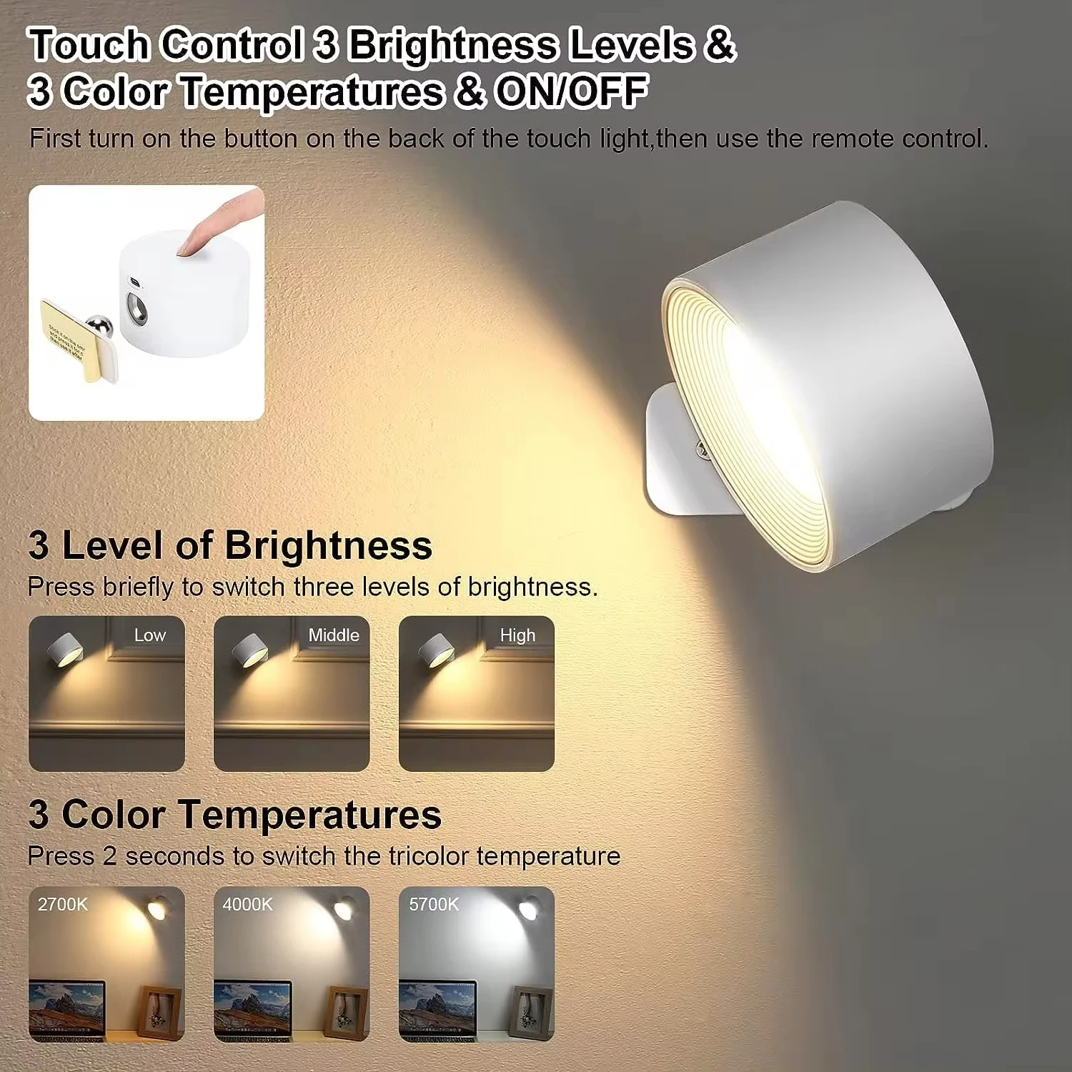 2PC  Wall Sconces, 19 Colors Dimmable Wall Mounted Lamp with Rechargeable Battery Operated USB