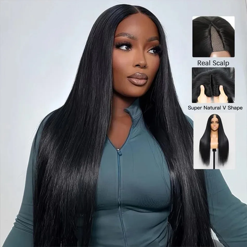 Straight V Part Wigs Human Hair Wear And Go Glueless Brazilian Wigs Human Hair 200 Density 30 36 Inch No Lace For Women Natural Black Full Machine Wig