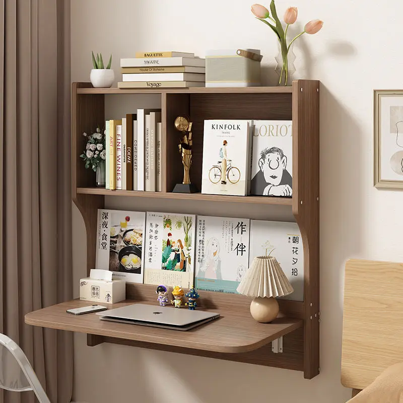 ‌Solid Wood Wall-Mounted Folding Desk, Convertible Kitchen & Dining Table with Storage Shelf, Space-Saving Home Office Furniture