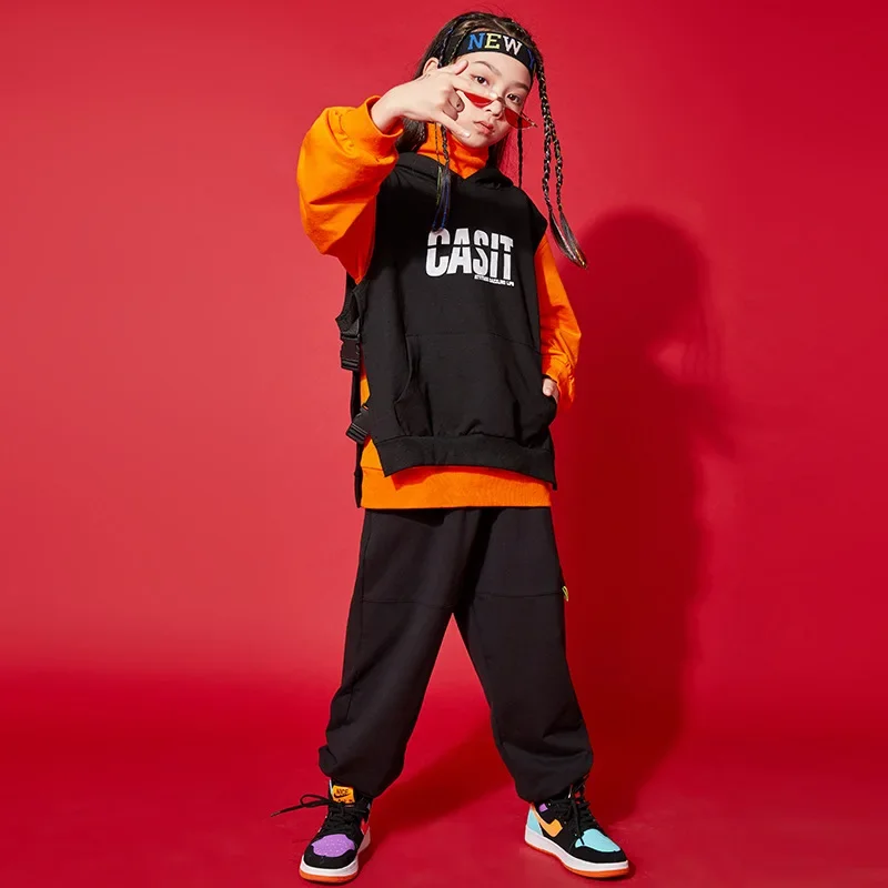 Traje de baile de Jazz para niños y niñas, ropa de Hip Hop, Sudadera de cuello alto, Top sin mangas, chaqueta, chaleco, pantalones de calle