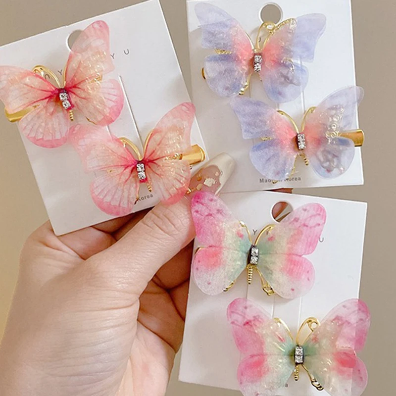 Accesorios para el cabello de 2 piezas para niña y mujer, pinzas para el pelo de diamante rosa, horquilla de mariposa para invitados de boda, tocado de Metal brillante