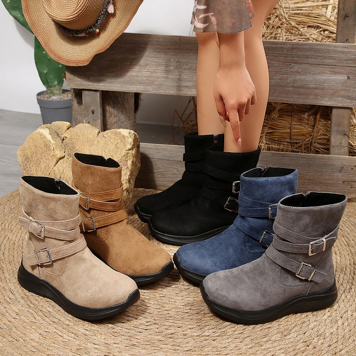Women Foldable Cuff Ankle Boots fashion Vintage Faux Suede Double Buckle Strap Flat Western Booties designer shoes for women