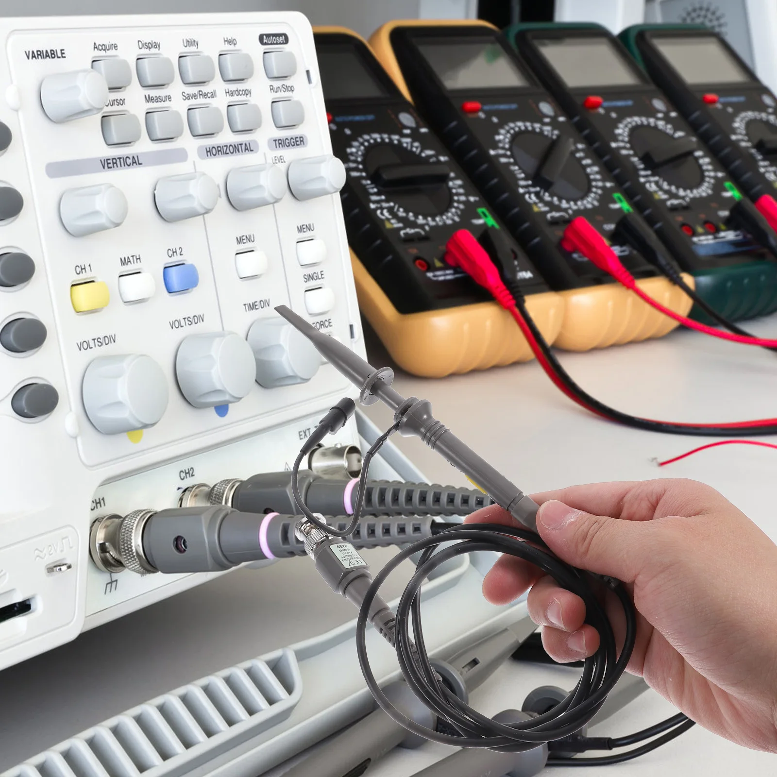 

100Mhz 10X Oscilloscope Clip Probe Safe Use Ground Clip Insulation Cover Color Rings for Channel Identification Oscilloscope