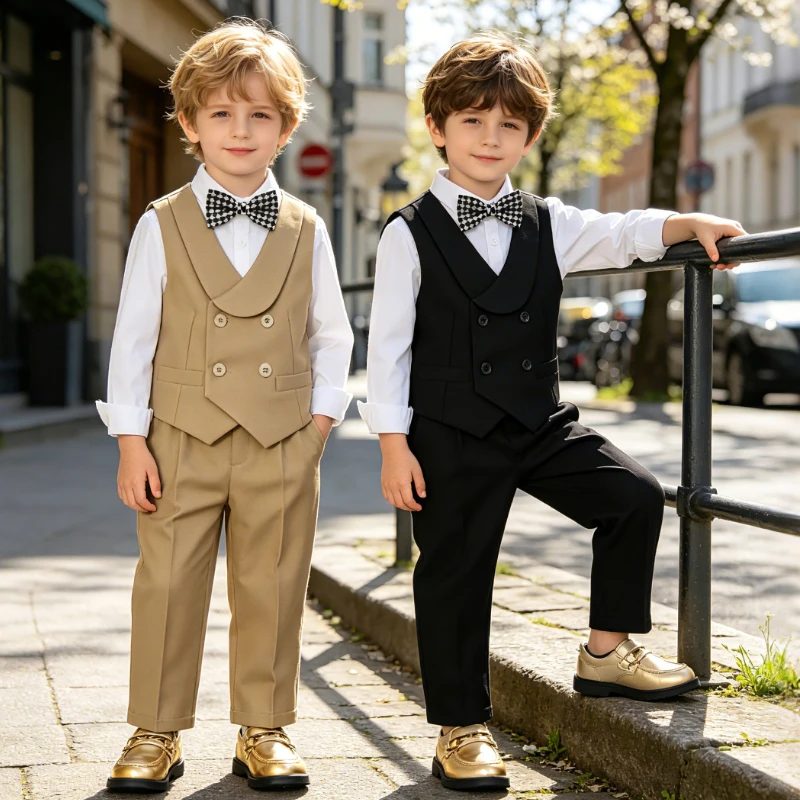 Boys Wedding Vest Suit Khaki Formal Tuxedo Set with Plaid Bowtie for Graduation Birthday Party School Host Performance Outfits