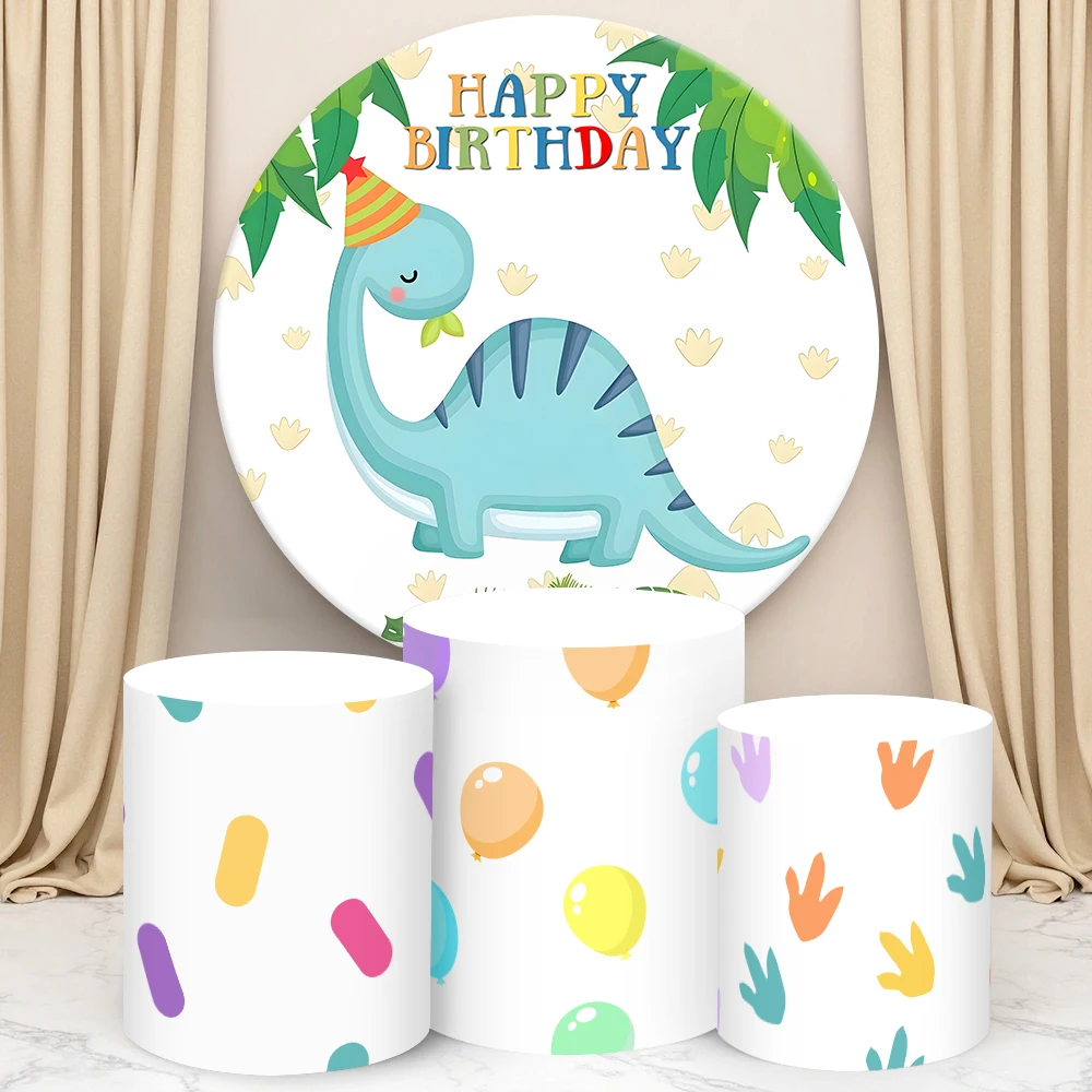 

Cute Little Dinosaur Round Cylinder Backdrop Cover Small Footprint for Kids Birthday Decortion Baby Shower Background Cake Cover