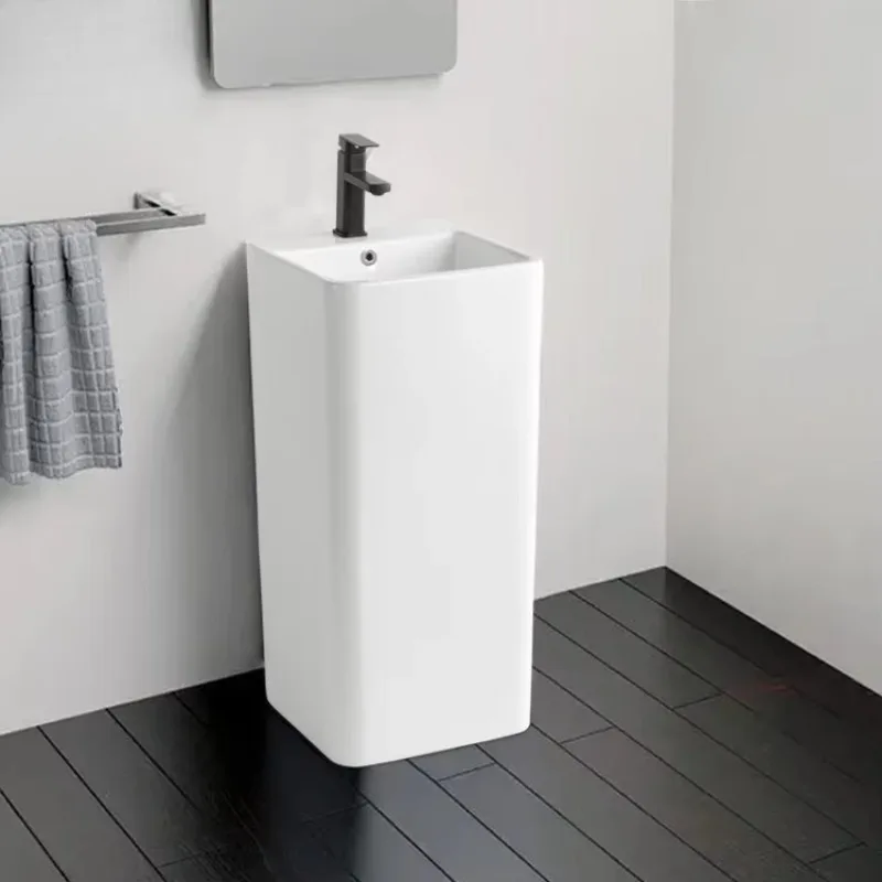

Bathroom Customizable Floor Standing Sink Hand Wash Freestanding square White Ceramic One Piece Pedestal Basin